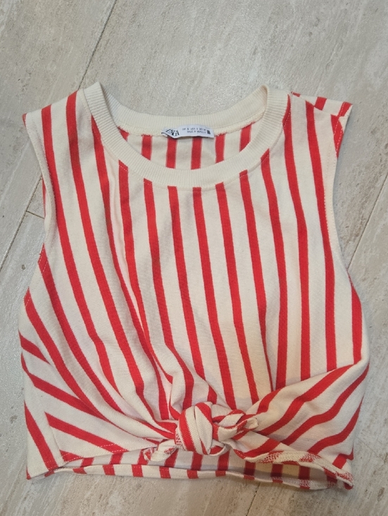 Zara Tops - ZARA White/Red Stripe Tie Front Crop Top